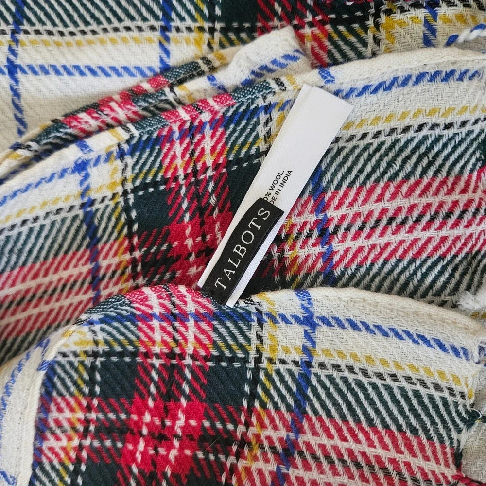 Talbots 100% Wool Tartan Plaid Scarf Red Cream‎ Green